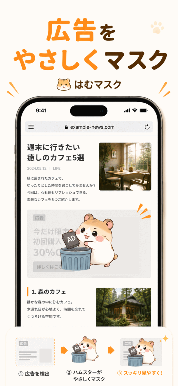 はむマスクが広告候補を検出してハムスター画像でマスクする説明画像